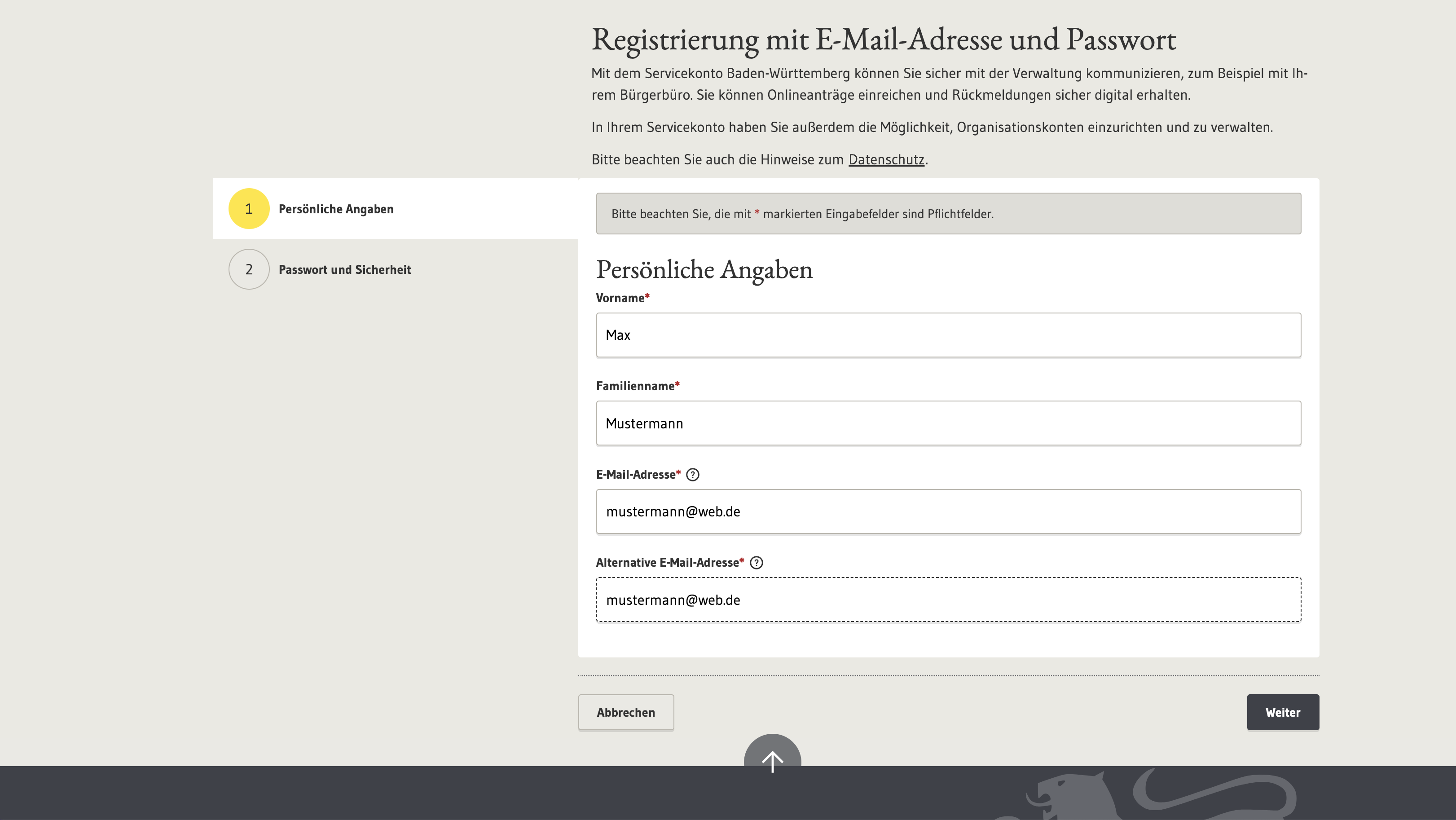 Screenshot ServcieBW Eingabemaske persönliche Daten