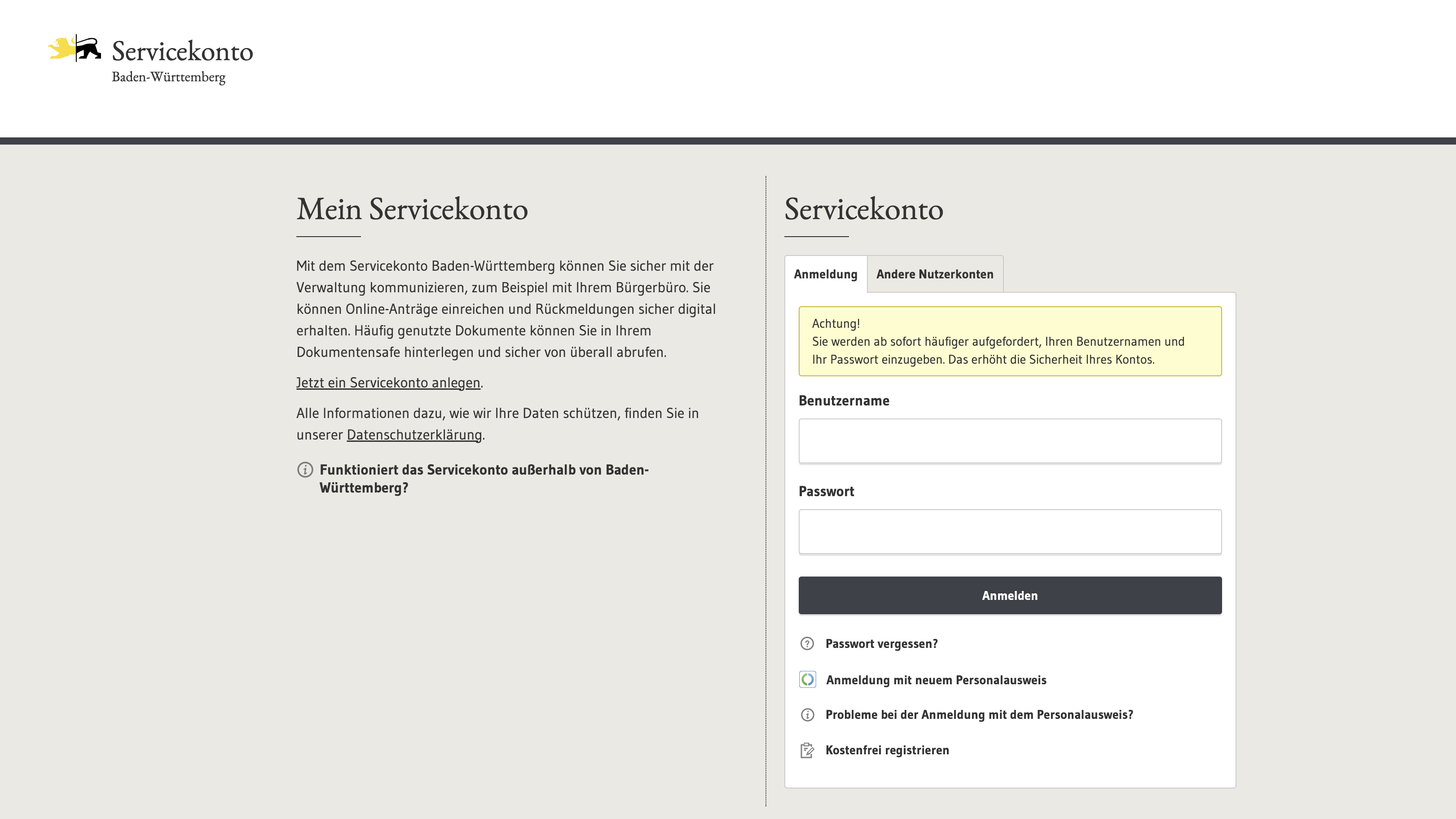 Screenshot ServcieBW Anmeldemaske